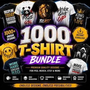 Può includere: Un'immagine promozionale che mostra un pacchetto di oltre 1000 magliette con vari design. Le magliette presentano citazioni motivazionali, grafiche di animali e altri design unici. L'immagine include il testo "Download istantaneo" e "Design di qualità premium".