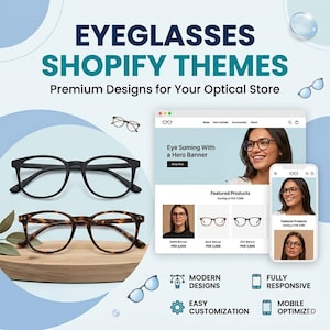 May include: An advertisement for eyeglasses Shopify themes. The image features two pairs of spectacles, a website design, and a mobile phone display. Text includes "EYEGLASSES SHOPIFY THEMES" and "Premium Designs for Your Optical Store."