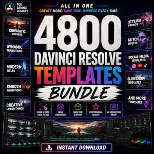 May include: A digital bundle of 4800 DaVinci Resolve templates featuring cinematic openers, dynamic transitions, modern titles, smooth animations, creative lower thirds, stylish promos, glitch effects, social media templates, and slideshows.