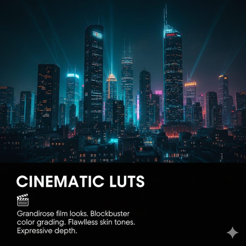 Peut inclure: Illustration num&eacute;rique d'un paysage urbain futuriste nocturne, avec de grands gratte-ciel illumin&eacute;s en bleu, turquoise et orange. L'image comprend le texte "CINEMATIC LUTS" et des descriptions d'aspects cin&eacute;matographiques, d'&eacute;talonnage des couleurs, de tons de peau et de profondeur.