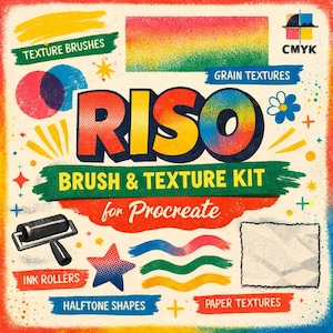Può includere: Un kit di design grafico colorato per Procreate, con la parola "RISO" in grassetto. L'immagine include varie texture, pennelli, rulli di inchiostro e forme a mezzitoni. Il testo "BRUSH & TEXTURE KIT for Procreate" è visibile.