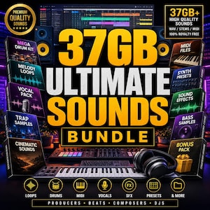 Könnte beinhalten: Ein digitales Musikproduktionspaket mit 37 GB an hochwertigen Sounds, darunter Drum-Kits, Melodie-Loops, Vocal-Packs, Trap-Samples, cineastische Sounds, MIDI-Dateien, Synth-Presets, Soundeffekte und Bass-Samples mit schwarzen Kopfhörern.