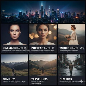 Peut inclure: Image num&eacute;rique avec une ville la nuit et six vignettes. Les vignettes pr&eacute;sentent des portraits, une mari&eacute;e et des paysages. Le texte comprend "CINEMATIC LUTS", "PORTRAIT LUTS", "WEDDING LUTS", "FILM LUTS" et "TRAVEL LUTS".