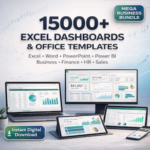 Może przedstawiać: Obraz cyfrowego pakietu biznesowego z tekstem "15000+ Excel Dashboards & Office Templates". Obraz przedstawia laptopa, monitor stacjonarny, tablet i smartfon wyświetlające dane biznesowe. Pakiet zawiera Excel, Word, PowerPoint, Power BI i więcej.