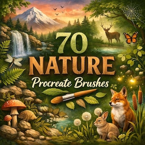 Pode incluir: Imagem de arte digital com o texto "70 NATURE Procreate Brushes". A imagem apresenta uma cachoeira, uma montanha, um veado, uma raposa, um coelho e uma borboleta. Um pincel e várias plantas também estão incluídos.