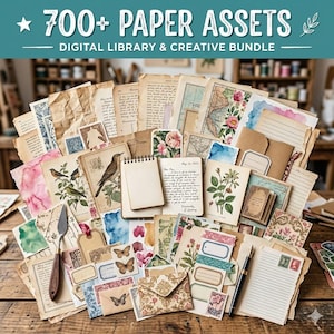May include: A collection of vintage paper assets, including aged paper, envelopes, tags, and ephemera. The image features a variety of textures, colors, and designs, with botanical illustrations, butterflies, and handwritten notes. The text at the top reads "700+ PAPER ASSETS DIGITAL LIBRARY & CREATIVE BUNDLE."