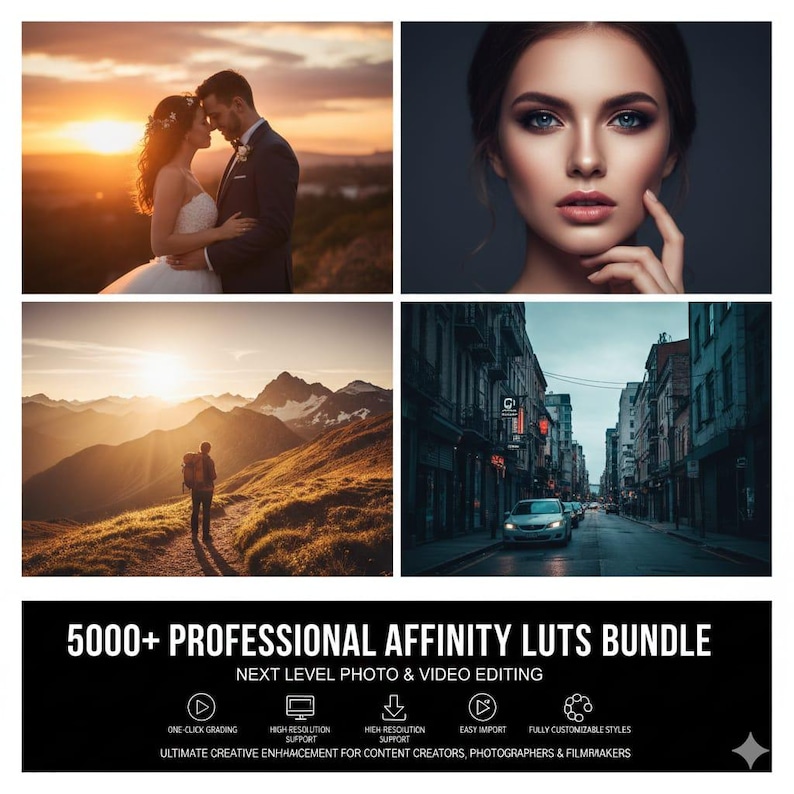 Peut inclure: Un collage de quatre images : un couple au coucher du soleil, une femme aux yeux bleus, une personne en randonn&eacute;e et une rue de la ville. Le texte en bas indique "5000+ PROFESSIONAL AFFINITY LUTS BUNDLE".