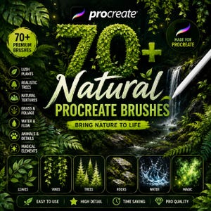 Può includere: Una pubblicità di prodotto digitale per 70+ pennelli naturali Procreate con uno sfondo di foresta lussureggiante e una cascata. Il testo include '70+ Natural Procreate Brushes', 'Bring Nature to Life' e icone per foglie, viti, alberi, rocce, acqua e magia.