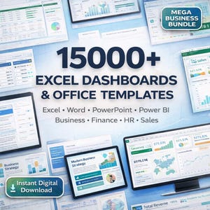 May include: A collection of digital Excel dashboards and office templates, including Excel, Word, and PowerPoint. The image features multiple screens displaying charts and graphs, with the text "15000+ EXCEL DASHBOARDS & OFFICE TEMPLATES". Includes "Instant Digital Download".