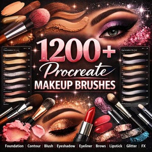 Puede incluir: Un anuncio de 1200+ pinceles de maquillaje Procreate. La imagen presenta pinceles de maquillaje, sombra de ojos, lápiz labial y muestras de base, contorno, rubor y brillo. El texto incluye "Foundation, Contour, Blush, Eyeshadow, Eyeliner, Brows, Lipstick, Glitter, FX."