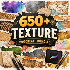 May include: An image showcasing a digital art bundle with the text "650+ TEXTURE PROCREATE BUNDLES". The image features various torn paper textures, paintbrushes, pens, and a tablet with a rainbow logo.