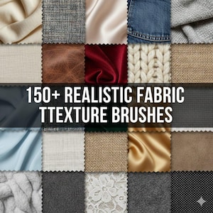 Op de afbeelding: Een collage van verschillende stofstalen, waaronder denim, zijde en gebreide texturen. De afbeelding toont een verscheidenheid aan kleuren en texturen, met de tekst "150+ REALISTIC FABRIC TEXTURE BRUSHES" in het midden. De stoffen variëren van lichte tot donkere tinten.