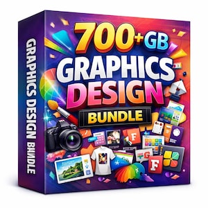 May include: A colorful box set labeled "700+ GB GRAPHICS DESIGN BUNDLE." The design features a camera, paint brush, and various graphic design elements. The box is primarily purple, with accents of yellow, pink, and blue.