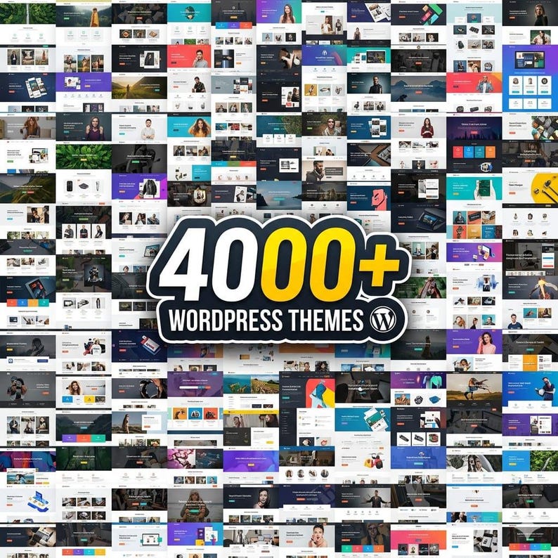 Puede incluir: Un collage de dise&ntilde;os de sitios web, que muestra una variedad de temas de WordPress. La imagen presenta un gran gr&aacute;fico central con el texto "4000+ WordPress Themes" en blanco y amarillo, con el logotipo de WordPress.