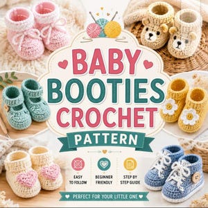 Könnte beinhalten: Eine Häkelanleitung mit dem Titel BABY BOOTIES CROCHET PATTERN, die Text und Abbildungen verschiedener handgefertigter Babyschuhe zeigt, darunter Modelle in Rosa, Bärenoptik, Türkis, mit gelben Blumen, Herzen und blauen Schnürsenkeln.