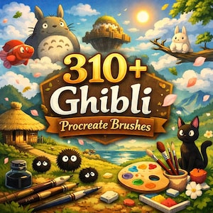 May include: A digital art illustration featuring characters and elements from Studio Ghibli films. The image includes the text "310+ Ghibli Procreate Brushes" on a banner. The scene is filled with whimsical creatures, a floating castle, and art supplies.