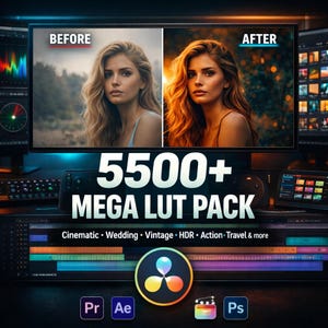 May include: A digital display shows a "Before" and "After" comparison of a woman's portrait. The image promotes a "5500+ MEGA LUT PACK" for video editing, with text including "Cinematic, Wedding, Vintage, HDR, Action, Travel & more." Software icons for Pr, Ae, Ps are also visible.