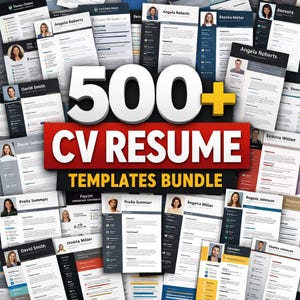 Può includere: Una raccolta di modelli di curriculum vitae con il testo "500+ CV RESUME TEMPLATES BUNDLE". I curriculum vitae presentano vari design e includono foto e informazioni personali. Lo sfondo è un mix di bianco e nero.