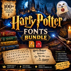 May include: A digital font bundle featuring the Harry Potter logo, a snowy owl with a letter, a stack of four colored books labeled Gryffindor, Slytherin, Hufflepuff, and Ravenclaw, and parchment paper displaying the alphabet, numbers, and phrases.