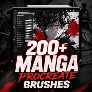 May include: A digital illustration on a tablet screen showcasing a manga-style character with red eyes and a black and white color scheme. The text "200+ MANGA PROCREATE BRUSHES" is prominently displayed in red and white.