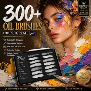 Op de afbeelding: Digitale kunstadvertentie voor Procreate olieverf penselen. De afbeelding toont een vrouw met kleurrijke penseelstreken op haar gezicht, een tablet met penseelstreken en de tekst "300+ OIL BRUSHES FOR PROCREATE."