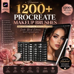 May include: A digital art advertisement for Procreate makeup brushes. The image features a tablet displaying a woman with makeup, a brush set, and makeup tools. Text includes "1200+ Procreate Makeup Brushes" and "Beauty Without Limits."
