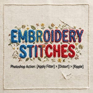 May include: Embroidered artwork on a beige fabric, featuring the words "EMBROIDERY STITCHES" in blue and red thread. The design includes floral accents and the text "Photoshop Action: [Apply Filter] > [Distort] > [Ripple]" at the bottom.