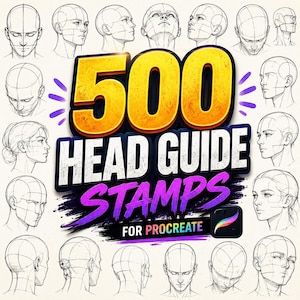 May include: A digital collection of 500 head guide stamps for Procreate, featuring numerous black and white line art sketches of human heads in various angles and perspectives, centered around large yellow and white text reading 500 HEAD GUIDE STAMPS.