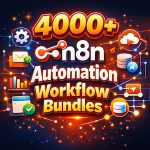 Könnte beinhalten: Digitalgrafik mit dem Text "4000+ n8n Automation Workflow Bundles" in Orange und Weiß. Das Bild zeigt verschiedene Symbole, die Automatisierungsprozesse darstellen, verbunden durch leuchtende Linien auf dunklem blauem Hintergrund.