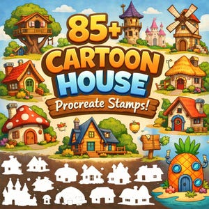 85+ Cartoon House Procreate Stamps Bundle for Cute Illustrations, Kids Artwork, Storybook Scenes, Digital Planners, Background Elements