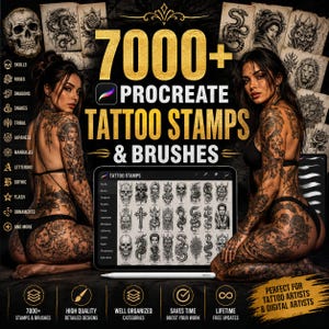 May include: A digital collection of 7000+ Procreate tattoo stamps and brushes featuring a tablet display with various black and white tattoo designs including skulls, roses, dragons, snakes, tribal patterns, mandalas, lettering, and gothic art.
