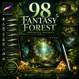 98+ Enchanted Fantasy Forest Procreate Brushes Bundle for Digital Painting, Magical Nature Texture Stamps, Trees, Leaves & Woodland Art Kit