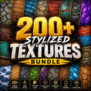 Może przedstawiać: Pakiet sztuki cyfrowej z tekstem "200+ STYLIZED TEXTURES BUNDLE" w kolorze złotym i białym. Obraz przedstawia różne stylizowane tekstury, w tym wzory drewna, kamienia i płytek. Dodatkowy tekst podkreśla cechy takie jak wysoki poziom szczegółowości i rozdzielczość 4K.