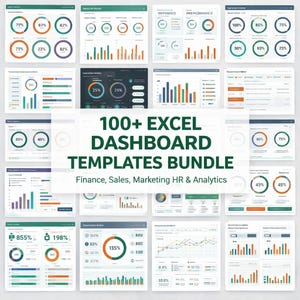 Puede incluir: Un conjunto de plantillas de paneles de control de Excel con varios gráficos. La imagen muestra múltiples visualizaciones de datos, incluidos gráficos circulares, gráficos de barras y gráficos de líneas, con porcentajes y datos numéricos. El texto dice "100+ Excel Dashboard Templates Bundle."