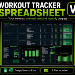 Può includere: Un foglio di calcolo digitale per il monitoraggio degli allenamenti visualizzato su uno schermo di un portatile, con colonne per data, esercizio, serie, ripetizioni e peso. L'interfaccia usa un tema scuro con accenti verde brillante.