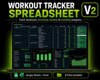 Foglio di calcolo per il monitoraggio degli allenamenti per Google Sheets ed Excel, registro di allenamento in palestra con sovraccarico progressivo, revisione settimanale e mensile.