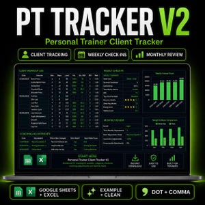 Può includere: Una dashboard digitale PT Tracker V2 visualizzata su uno schermo di un portatile, con sezioni per i registri di allenamento, check-in settimanali, revisioni mensili e aggiustamenti con testo verde e grafici su uno sfondo scuro.
