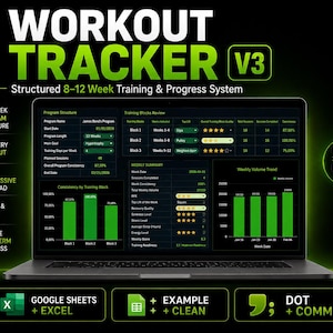 May include: A digital workout tracker V3 displayed on a laptop screen, featuring a structured 8-12 week training and progress system. The interface includes program structure, training blocks review, weekly summaries, and volume trend bar charts.