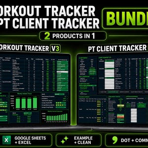 Puede incluir: Un paquete de rastreador de ejercicios y rastreador de clientes de entrenamiento personal en dos portátiles. La interfaz presenta fondos oscuros con texto, tablas y gráficos en verde brillante para datos de fitness y perfiles.