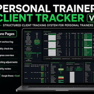 Peut inclure: Un logiciel de suivi de clients pour coach sportif V3 affiché sur un écran d'ordinateur portable. L'interface présente un thème sombre avec des accents verts, incluant des sections pour les profils, les journaux d'entraînement et les bilans.