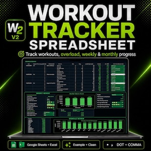 Könnte beinhalten: Ein Laptop-Bildschirm mit einer Workout-Tracker-Tabelle. Der Titel "WORKOUT TRACKER SPREADSHEET" ist in großen, fetten, grünen und weißen Buchstaben geschrieben. Die Tabelle verfolgt Workouts, wöchentliche und monatliche Fortschritte.