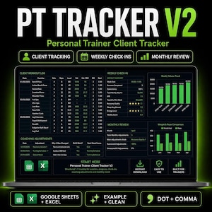Personal Trainer Client Tracker Spreadsheet, Workout Log and Weekly Check-In for Google Sheets and Excel