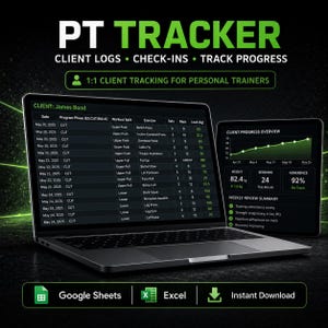 May include: A laptop and tablet display a PT Tracker interface. The laptop shows client workout logs, including exercises, sets, reps, and weight. The tablet displays a client progress overview with weight, sessions, and adherence metrics. The image also includes Google Sheets, Excel, and Instant Download icons.