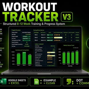 Progressive Overload Workout Tracker Spreadsheet, 8–12 Week Gym Log for Google Sheets and Excel