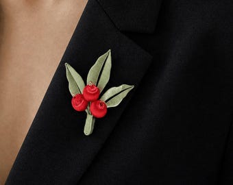 December Birth Flower Brooch - Silk Wrapped Holly Pin - Festive Christmas Gift for Her Mom - Handcrafted Red Winterberry Jewelry