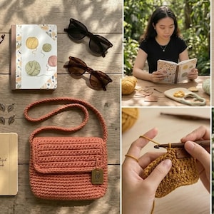 May include: An assortment of craft supplies and accessories, including a ball of mustard-yellow yarn, a crochet hook, a small purse, notebooks, sunglasses, and an embellishment kit. The items are arranged on a wooden surface.