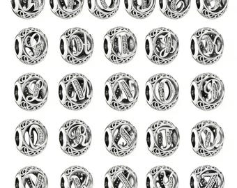 Sterling silver openwork letter beads | Letter bracelet pendant inlaid with zircon