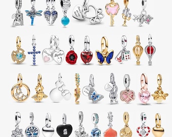 925 Sterling Silver Gold-Plated Heart Pendant, Animal and Floral Beads, DIY, Suitable for Pandora European Bracelet Charms