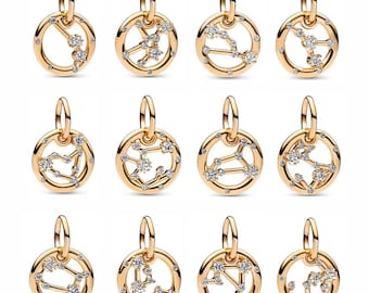 Zodiac Gold Bracelet Pendant | Zodiac Beaded Set Inlaid with Cubic Zirconia | Personalized Birthday Gift