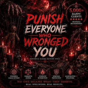 Op de afbeelding: Een donkere afbeelding in rode tinten met een voodoo-pop, een schedel en kaarsen. De tekst luidt: PUNISH EVERYONE WHO WRONGED YOU, POWERFUL KARMA RETURN SPELL, 5,000+ HAPPY CLIENTS, NO ONE ESCAPES WHAT THEY DESERVE. REAL SPELLWORK. REAL RESULTS.